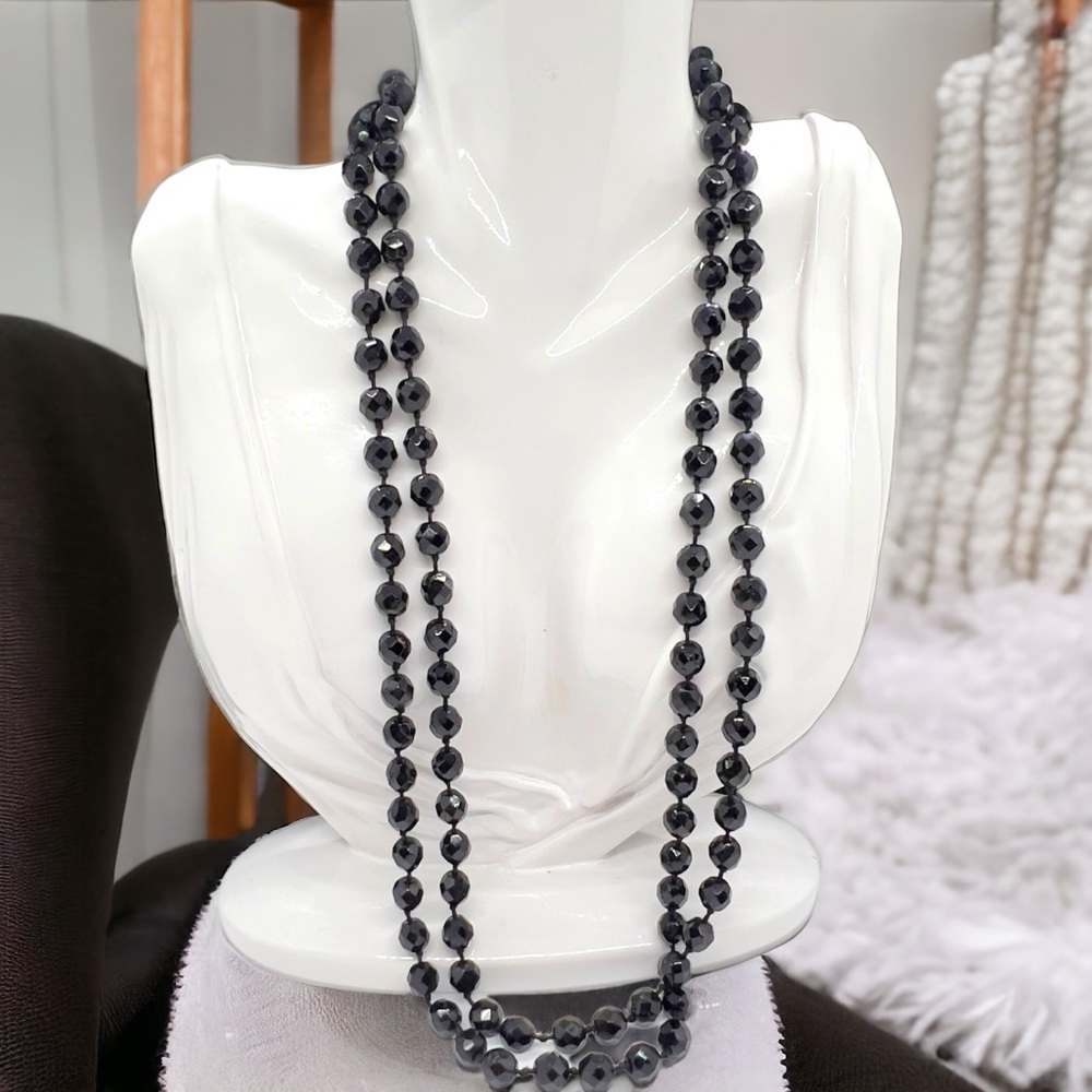 Vintage Faceted Jet Glass Bead Mourning Necklace